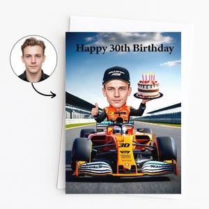 May include: A birthday card featuring a cartoon illustration of a person in a Formula 1 car, holding a cake with lit candles. The card reads "Happy 30th Birthday" in black text against a blue sky background. A portrait is in the upper left corner.