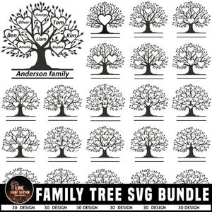 Può includere: Un pacchetto SVG di design di alberi genealogici in bianco e nero. Il design principale presenta un albero con foglie a forma di cuore e spazio per i nomi. L'immagine include il testo "Anderson family" e i nomi dei membri della famiglia. La parte inferiore dell'immagine recita "FAMILY TREE SVG BUNDLE".