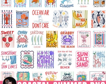 Coastal Summer Png Bundle, Beach Clipart Bundle, Retro Preppy Coquette Graphics, Ocean Beach Vacation Designs, Sardines Lobster Cocktail