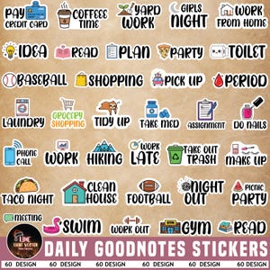 May include: A collection of colorful digital stickers with various icons and text labels for digital planning. Includes icons for coffee, work, party, shopping, and more. The text "DAILY GOODNOTES STICKERS" is at the bottom.