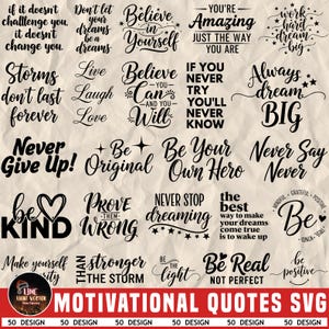 May include: A collection of motivational quotes in a variety of fonts and styles. Phrases include "Believe in Yourself," "Never Give Up," and "Be Kind." The image also includes the text "MOTIVATIONAL QUOTES SVG."