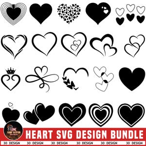 Könnte beinhalten: Eine Sammlung von schwarz-weißen Herzdesigns in verschiedenen Stilen. Die Designs umfassen solide Herzen, umrandete Herzen, Herzen mit Mustern und Herzen mit dekorativen Elementen. Der Text "HEART SVG DESIGN BUNDLE" wird unten angezeigt.