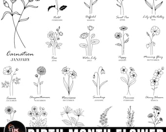 Birth Month Flower Svg Bundle, 25 Minimalist Floral Line Art Designs, Botanical Zodiac Flowers, Cricut & Silhouette, Digital Download