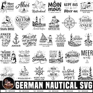 May include: A collection of fifty black and white nautical-themed graphic designs featuring illustrations of lighthouses, sailboats, anchors, compasses, seagulls, and penguins, accompanied by German text phrases related to the sea and coastal life.