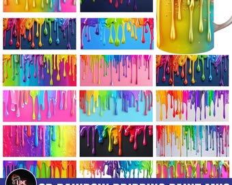 3D Rainbow Dripping Paint Mug Wrap Bundle, 15oz Dripping Mug Png, 3D Mug Sublimation Design, Dripping Paint Mug, Rainbow Mug Wrap Png
