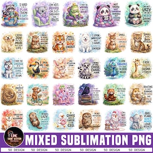 May include: A collection of 30 watercolour-style illustrations featuring various animals, including a raccoon, koala, frog, panda, tiger, dog, and owl, each paired with humorous text captions like I had a plan then I got distracted and I am not lazy.