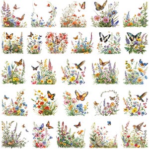 May include: A collection of watercolor illustrations featuring colorful wildflowers and butterflies. Each design showcases a unique arrangement of blooms in shades of red, yellow, blue, and purple, with butterflies fluttering around the flowers.