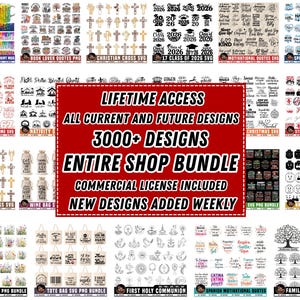 May include: A digital collection of graphic design files featuring various themes including rainbow drips, crosses, graduation motifs, motivational quotes, holiday designs, and family trees, with a central red box displaying text about a shop bundle.