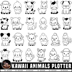 May include: A collection of black and white Kawaii animal illustrations, including a sheep, duck, cow, horse, dog, pig, cat, and goat. The text "KAWAII ANIMALS PLOTTER" is at the bottom, with "30 DESIGN" repeated below.