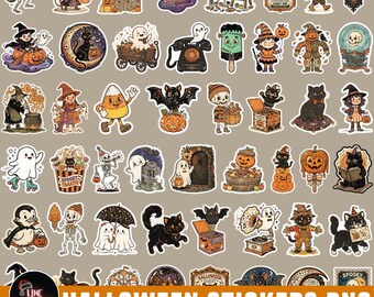 Halloween Stickers Png Bundle, Halloween Clipart, Cute Vintage Halloween Png, Kawaii Ghost Pumpkin Bat Clipart, Halloween Sublimation Design