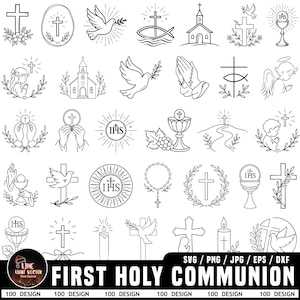 Pode incluir: Uma coleção de ilustrações de arte linear em preto e branco com símbolos religiosos para a Primeira Comunhão, incluindo cruzes, pombas, mãos em oração, cálices, rosários e igrejas, com o texto First Holy Communion na parte inferior.