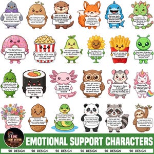 Pode incluir: Uma coleção de vinte e quatro personagens de desenhos animados, incluindo animais, comida e criaturas míticas, cada um segurando uma placa branca com texto motivacional. Os personagens estão dispostos em quatro filas, apresentando um pombo, batata, lontra, raposa, tubarão, dragão, donut, pipoca, abacate, girassol, batatas fritas, alienígena, pepino, sushi, axolote, coruja, gambá, unicórnio, flores, amendoim, cobra, panda, guaxinim e bicho-preguiça.
