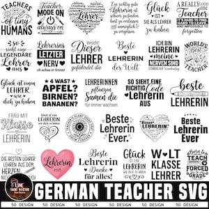 Könnte beinhalten: Eine Sammlung von fünfzig schwarz-weißen Grafikdesigns mit verschiedenen Sprüchen über Lehrkräfte, darunter Texte wie Teachers of tiny humans, Teacher mode on und Beste Lehrerin, ergänzt durch Symbole wie Bleistifte, Herzen und Sonnenblumen.