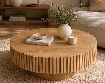 Large Round Fluted Drum Coffee Table, Natural Ash Finish, Modern Living Room Center Table