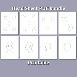 Könnte beinhalten: Ein digitales PDF-Bundle mit Kopfblattvorlagen. Die Blätter zeigen verschiedene Kopfansichten, einschließlich Front-, Seiten- und Top-Profilen. Der Text "Head Sheet PDF bundle" und "Printable" sind sichtbar.