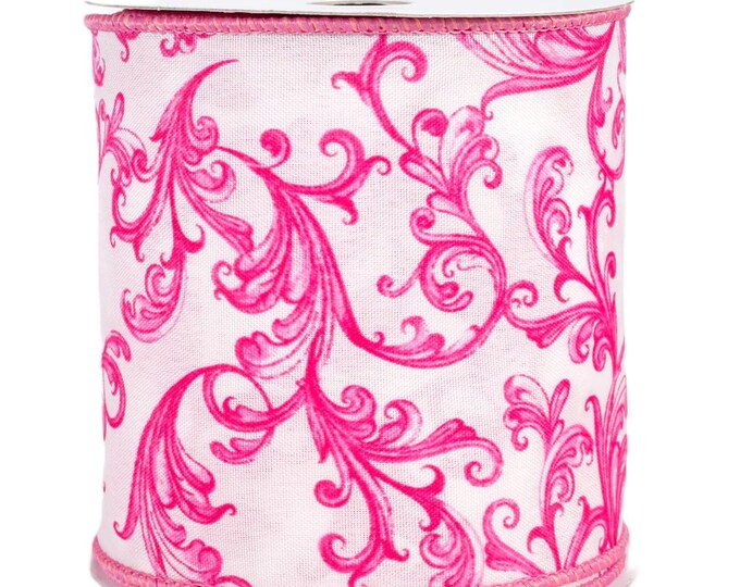 Pink Swirl Ribbons Chinoiserie Swirls Wired Ribbon: Hot Pink & White Glass Satin, 4