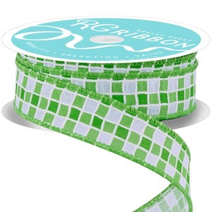 May include: A spool of decorative ribbon with a green and white checkered pattern. The ribbon is a bright green color with a white grid design. The spool has the text "RGRibbon" printed on the top.