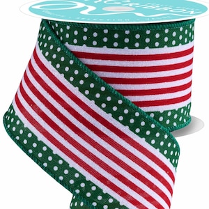 Christmas Wired Ribbon: Emerald Green, Red, White Stripe - 2.5&quot; x 10 Yards