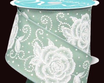 Glitter Roses Linen Ribbon: Wired Sage Green & White - 2.5" x 10 YD