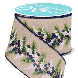 2.5&quot; X 10 Yds. Berries And Pine Wired Ribbon, Light Natural/Blue/White, Christmas, Winter, Bow, Wreath, Arrangement, Scrapbook, Garland