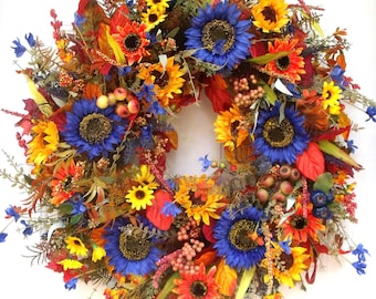 Fall Autumn Wildflower Sunflower Wreath, Blue/Orange/Yellow