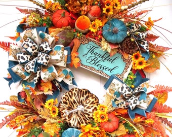Leopard Fall Wreath, Xlg Autumn Front Door Wall Decor, Thanksgiving Cheetah Thankful Blessed Apt. Condo Mantel 28+"Turquoise Orange Wreath