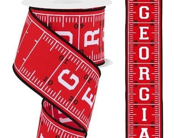 2.5&quot; X 10 Yds. Georgia Football Field Wired Ribbon, White/Red/Black, Sports, Football, Wreath, Arrangement, Scrap-booking, Crafts, Bow