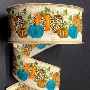5 Yards 2.5" Wired Linen Ribbon: Cheetah Pumpkins, Teal & Orange, Fall Decor