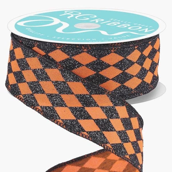 1.5" X 10 Yds. Glittered Harlequin Diamond Ribbon, Orange/Black, Fall/Halloween