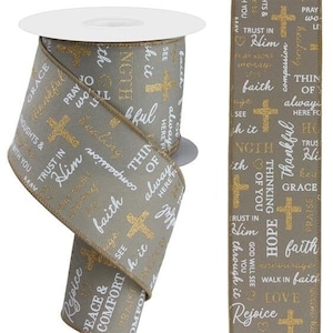 Words of Comfort Wired Ribbon: Taupe, White & Gold Prayer Design 2.5" X 10yds