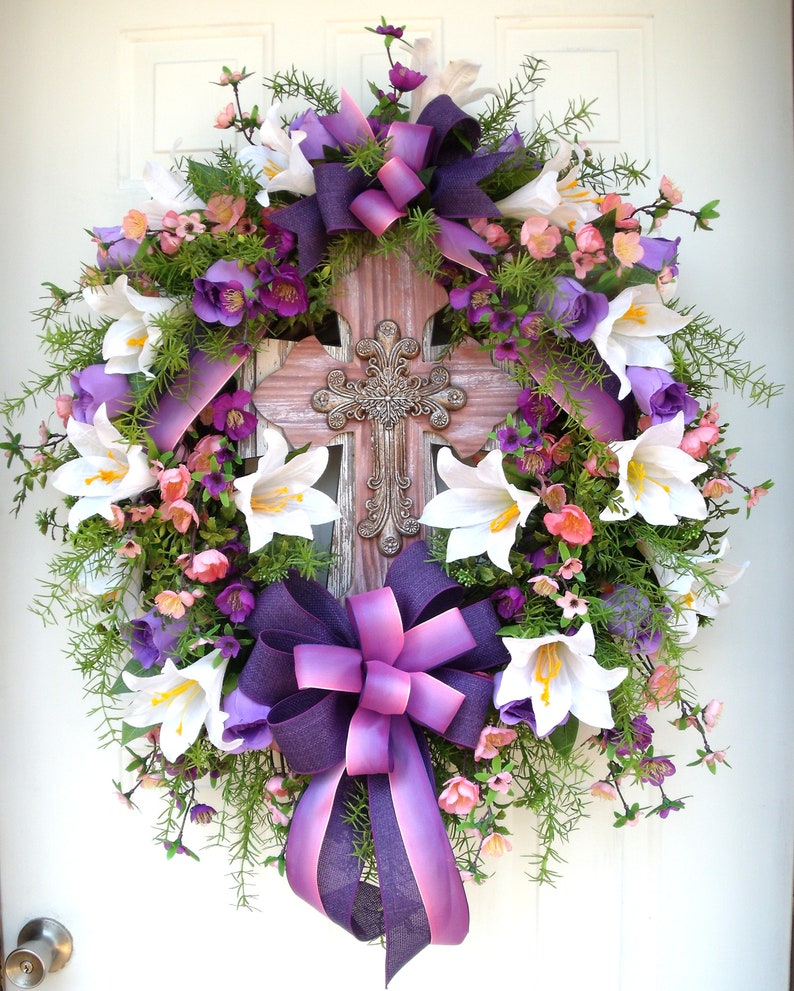 Easter Spring Wreath Cross Lily Spiritual Door Wall Church Purple Pink White Xlg