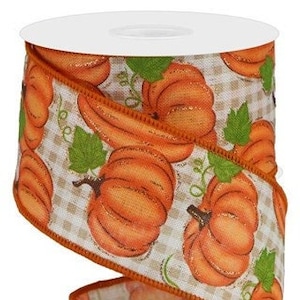 May include: Orange and green patterned ribbon with a gingham background featuring pumpkins. The ribbon is 2.5 inches wide.