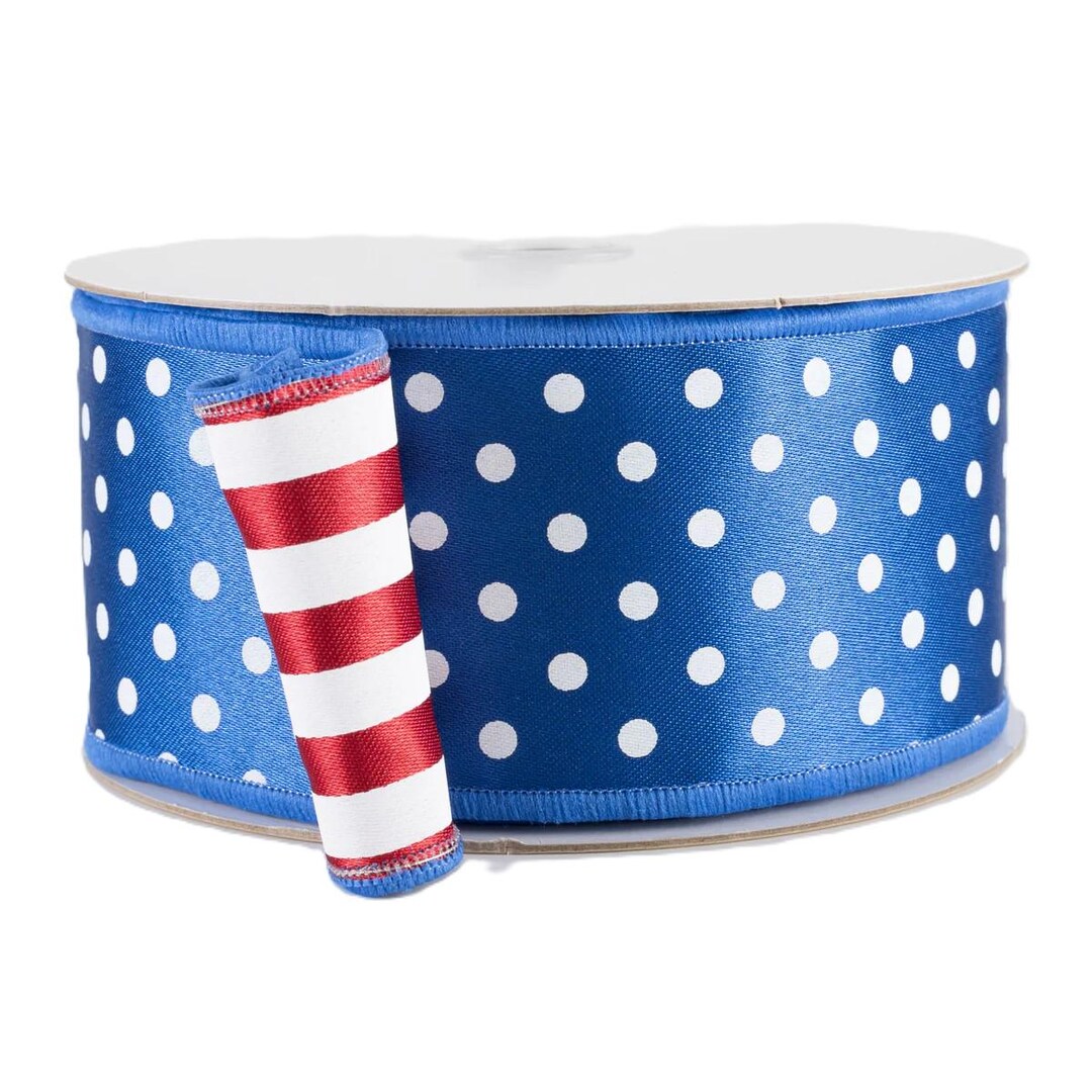Blue Dashed Ribbon D'lux Patriotic Wired Ribbon, Royal Blue Polka Dots, Red Stripes, 2.5 ...