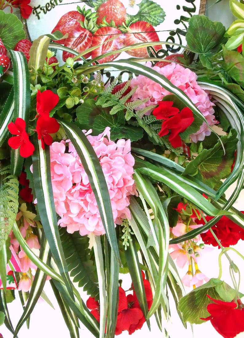 SALE CIJ XLg Strawberry Wreath Reds Door Wreath Summer Wreath Greens Geranium Wreath Wall Wreath Pinks Spider Plant wreath Wispy Wr