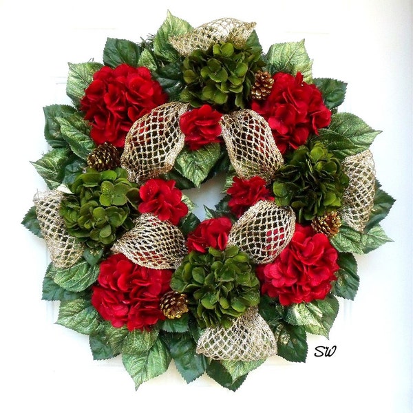 Christmas~Elegant Hydrangea Wreath- Holiday Wreath-Glittered Hydrangeas-Red and Green, Door/Wall Wreath-Designer Ribbon-Christmas Wreath