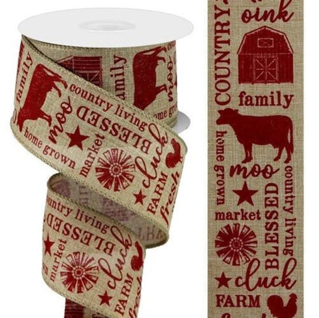 Country Ribbon Farm Country Living Wired Ribbon, Natural/red, 2.5