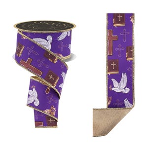 May include: A roll of purple ribbon with a gold trim, featuring a repeating pattern of crosses, doves, and books. The ribbon is unrolled to show the pattern. The spool has gold text that reads "D.LUX RIBBON".