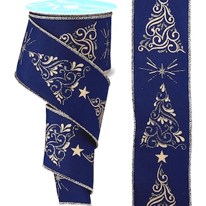 2.5&quot; X 10 Yds. Metallic Swirl Christmas Trees wired ribbon, Navy Blue/Gold, Christmas/Winter/Seasonal, Wreaths, Bows, Arrangement, Garland