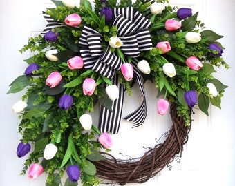Real Touch Tulip Wreath: Spring Easter Decor with Striped Ribbon