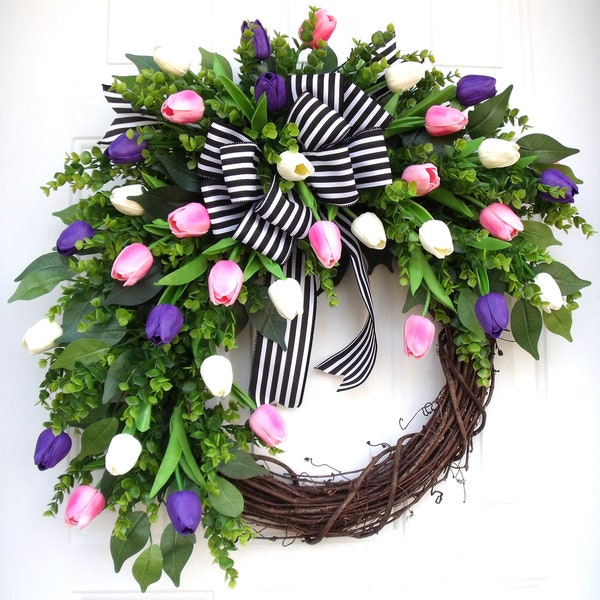 Purple Pink White Spring Tulip Wreath, Front Door Wreath, Easter Mother's Day Wreath, Real Touch Tulip Wreath, Wall Apt Condo Wreath, Gift
