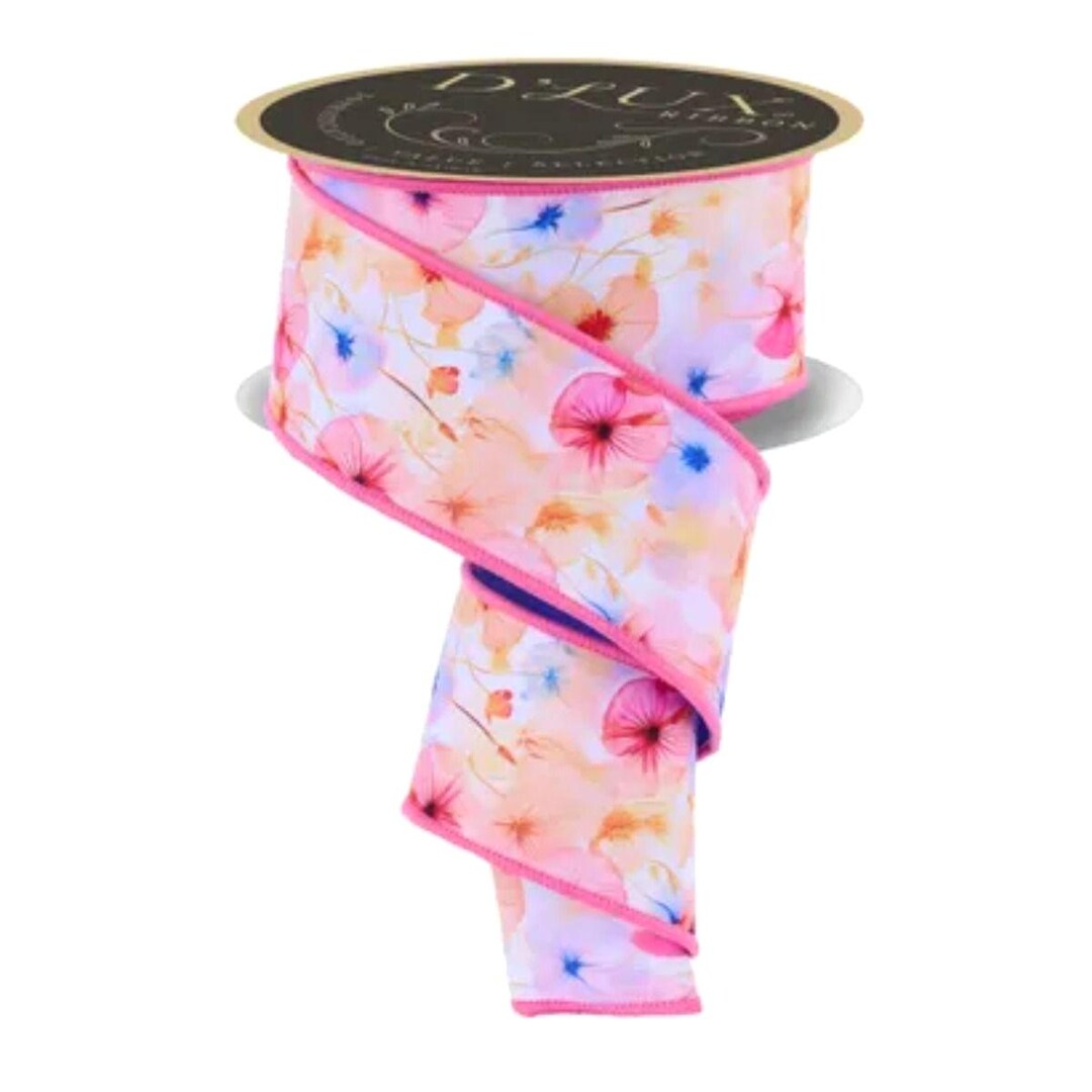 D'lux Poppy Flower Wired Ribbon, Watercolor Floral, Blue & Pink, 2.5