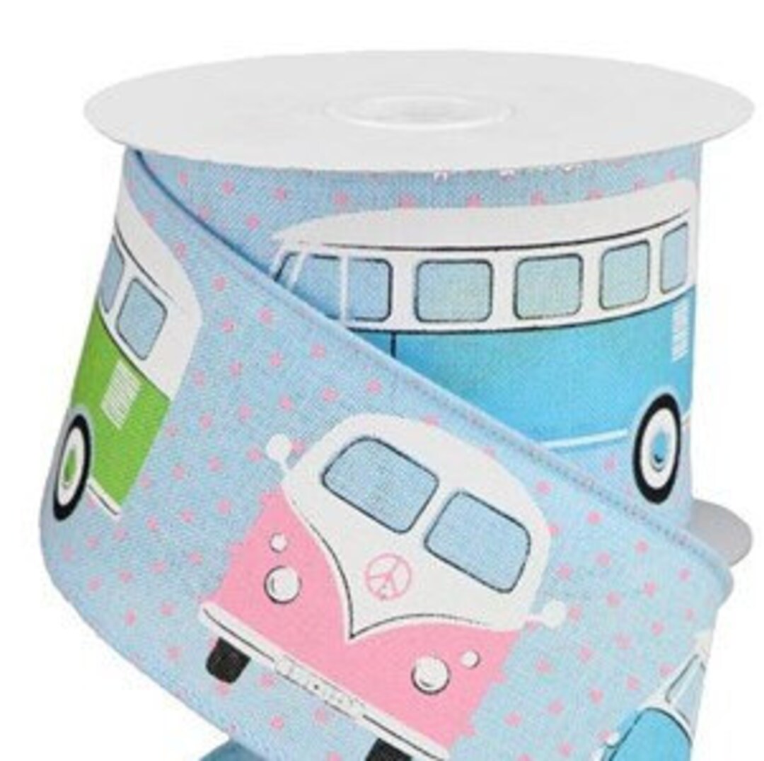 Vintage Bus Wired Edge Ribbon: Hippie Burlap Craft Ribbon (2.5