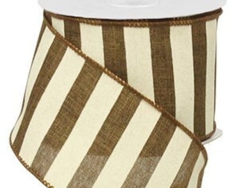 Brown Ivory Stripe Wired Ribbon, 2.5" x 10yd, Farmhouse Summer Wreath Making Supplies