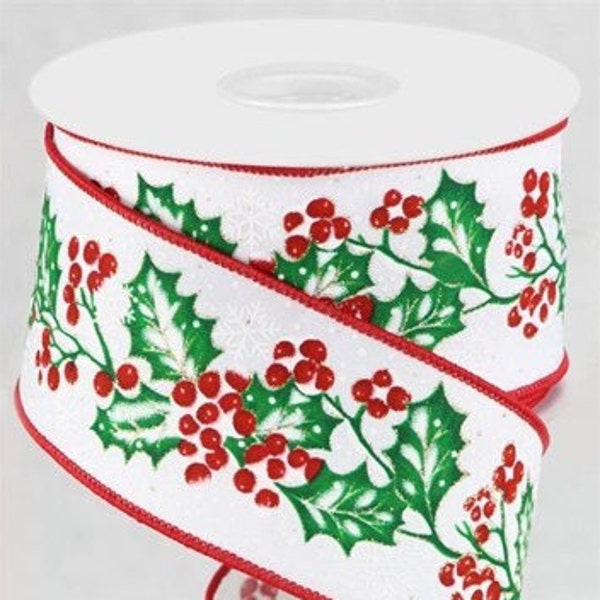 Holly Berries/Snow, 2.5" X 10 Yds. White/Red/Green/Gold, Christmas, Winter Ribbon, Bows, Wreath, Arrangement, Scrapbook, Garland