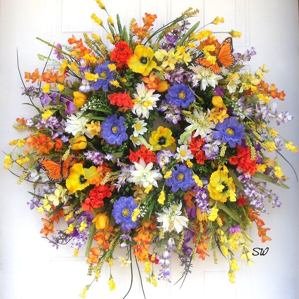 Poppy Wreath, Spring Wreath, Wildflower Wreath, Summer Wreath, Monarch Butterfly Wreath, Purple, Orange, Yellow, Door Wreath, Wall Wreath