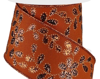2.5&quot; X 10 Yds. Glitter Leaves With Flowers Wired Ribbon, Autumn/Copper/Brown, Fall/Thanksgiving, Wreath, Arrangement, Bow, Garland, Craft