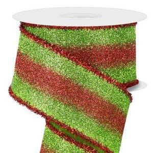 Glitter Ombré Tinsel Wired Ribbon: Lime Green and Red Christmas Decor (2.5&quot;x 10Yds)