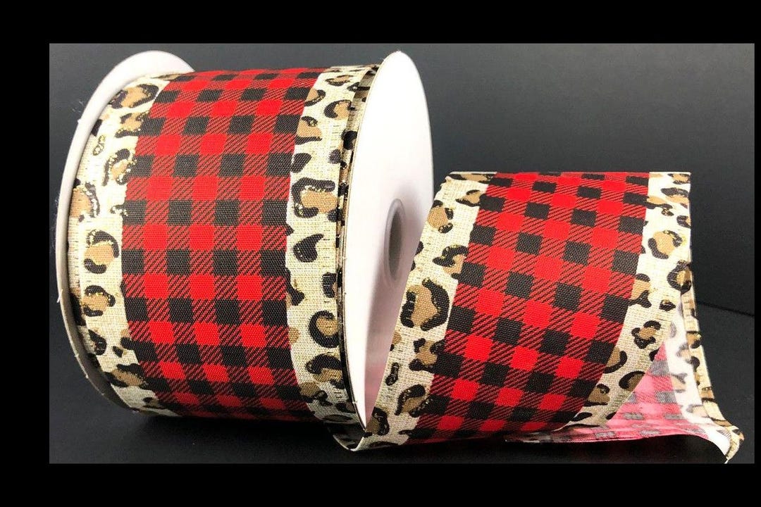Leopard Print Edge Wired Ribbon: Black & Red Buffalo Plaid - 2.5