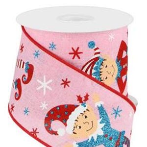 May include: Pink ribbon with a white snowflake and red star pattern. The ribbon features a blue and red elf with the text "Merry & Bright" in white.
