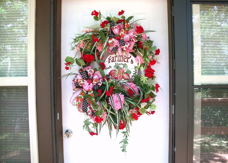 SALE CIJ XLg Strawberry Wreath Reds Door Wreath Summer Wreath Greens Geranium Wreath Wall Wreath Pinks Spider Plant wreath Wispy Wr